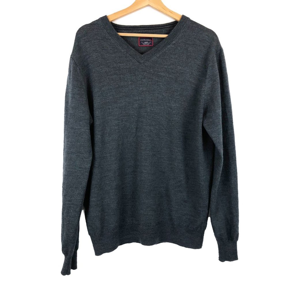 UNTUCKit Men's V-Neck Dark Grey 100% Merino Wool Lightweight Sweater L